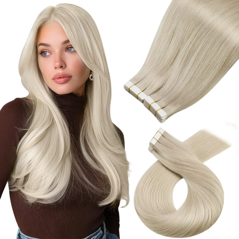 Moresoo Blonde Tape in Hair Extensions Human Hair 20Pcs Platinum Blonde Hair Extensions Tape in Real Hair 40G Silky Thick Tape in Human Hair Extensions 14 Inch Color 60